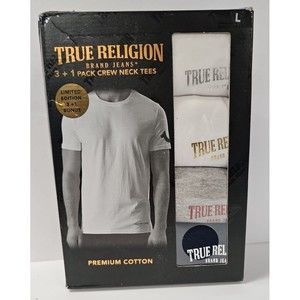 True Religion Men's Crew Neck  Tees 3+1 Pack  Size L  100% Premium Cotton NIB